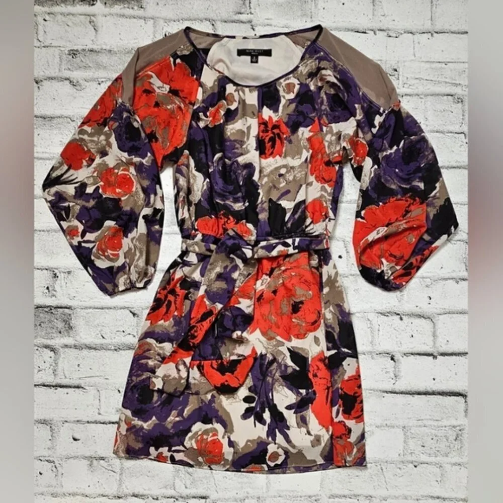 Nine West Floral Chiffon Dress – Size 2 Belted Sheer Sleeve Cocktail Dress